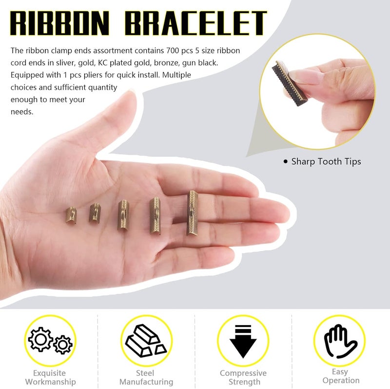 Mardatt 701 Pcs Ribbon Bracelet with Pliers Kit 24 Type Iron Fold Over Bookmark Pinch Crimp Ends Leather Clamps Jewelry Making Findings for Bookmark Pinch Bracelet Choker Necklace - Image 5